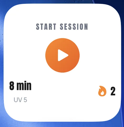 Widget Démarrer une séance de SunDose avec un bouton de lecture orange, 8 min au-dessus de UV 5 à gauche et une icône de flamme avec le chiffre 2 à droite