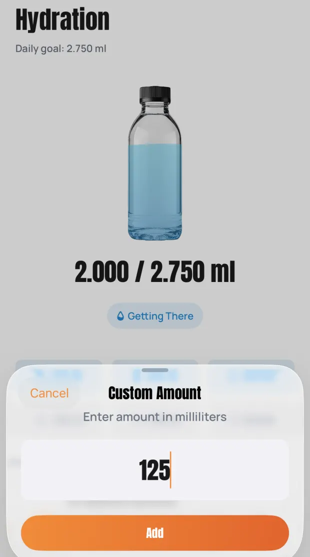 شاشة Hydration في SunDose بهدف يومي 2.750 مل، وزجاجة ماء ممتلئة جزئيًا، و2.000 / 2.750 مل، وتسمية Getting There، وورقة Custom Amount بإدخال 125 بالمليلتر فوق زر Add برتقالي