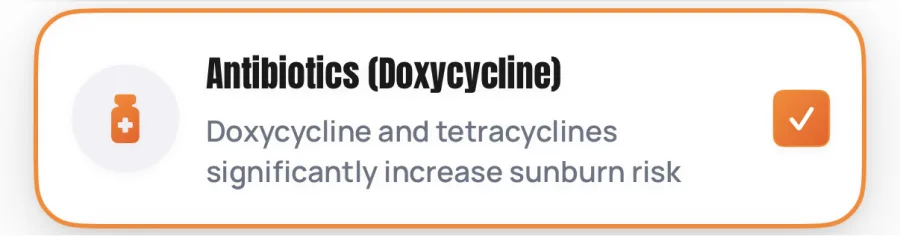 SunDose-følsomhedsrække med titlen Antibiotics (Doxycycline), beskrevet som at doxycyclin og tetracycliner øger risikoen for solskoldning betydeligt, med et orange afkrydsningsfelt, der er afkrydset