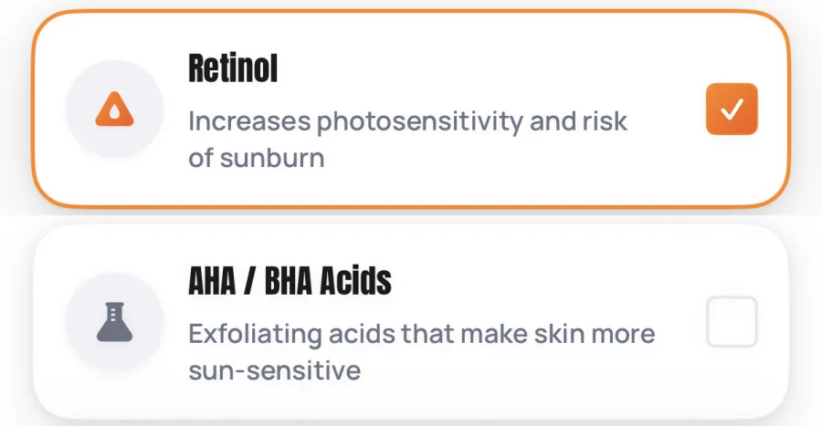 To SunDose-følsomhedsrækker: Retinol, beskrevet som at det øger lysfølsomhed og risiko for solskoldning, med et afkrydset felt, og AHA / BHA Acids, beskrevet som eksfolierende syrer, der gør huden mere solfølsom, uden afkrydsning