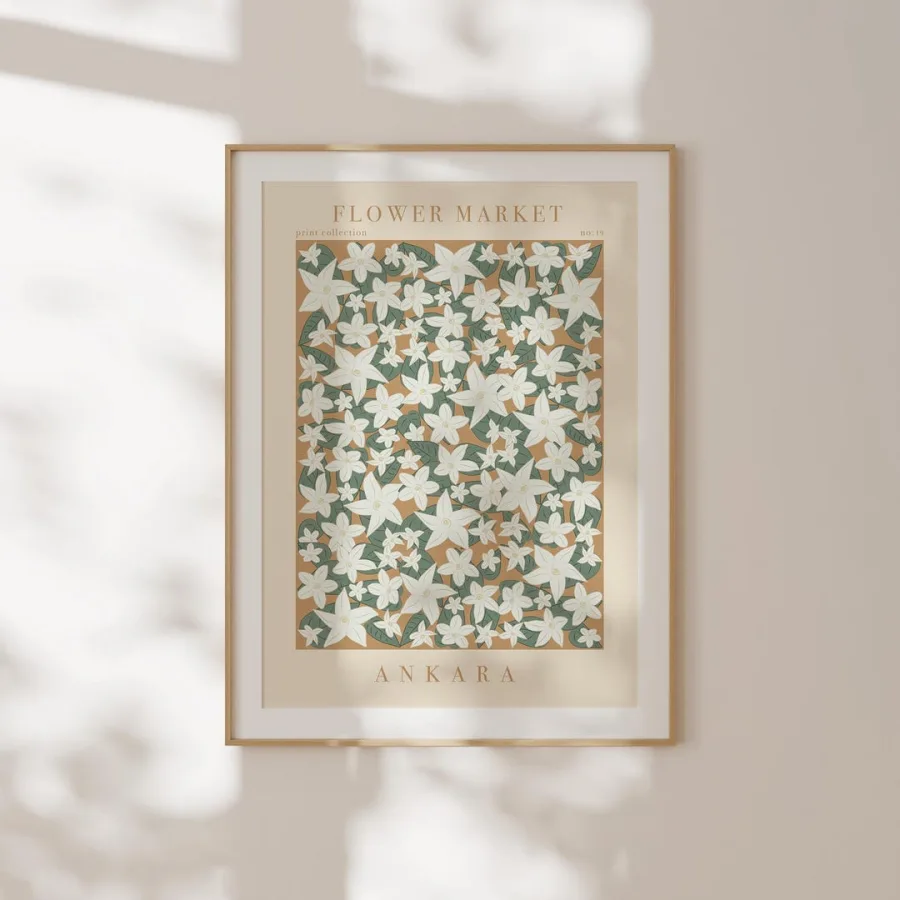 Ankara Flower Market Print: White star-shaped flowers on warm ochre, framed
