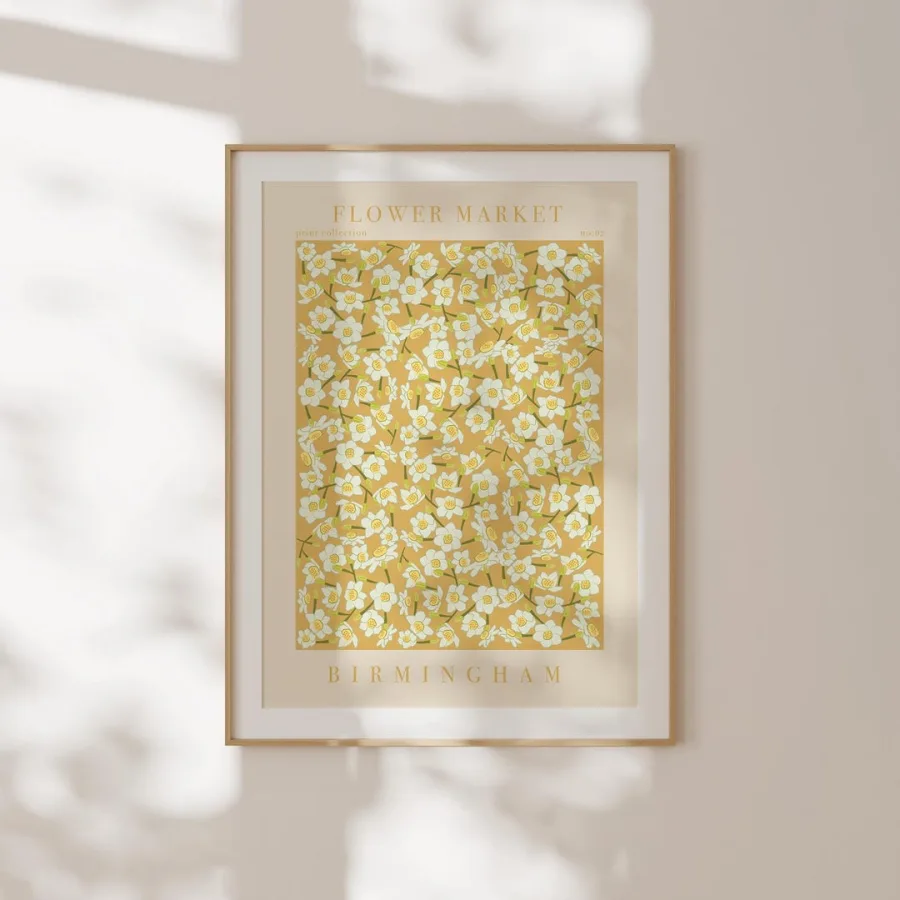 Birmingham Flower Market Print: Cream blossoms on mustard yellow, framed
