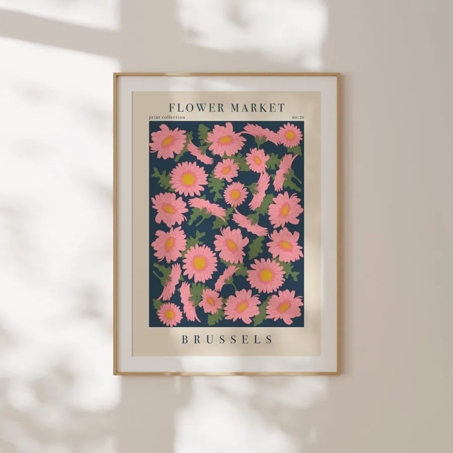Brussels Flower Market Print: Pink daisy-like flowers with yellow centres on deep navy, framed