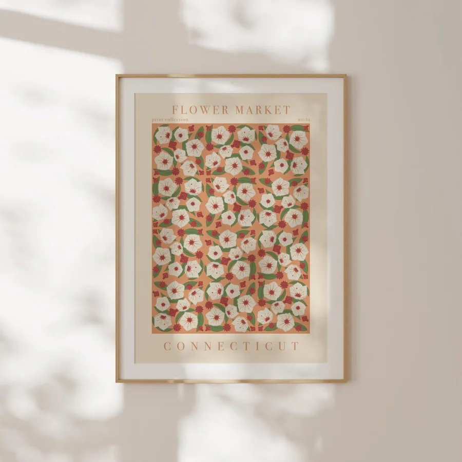 Connecticut Flower Market Print: White and red blossoms on warm orange, framed