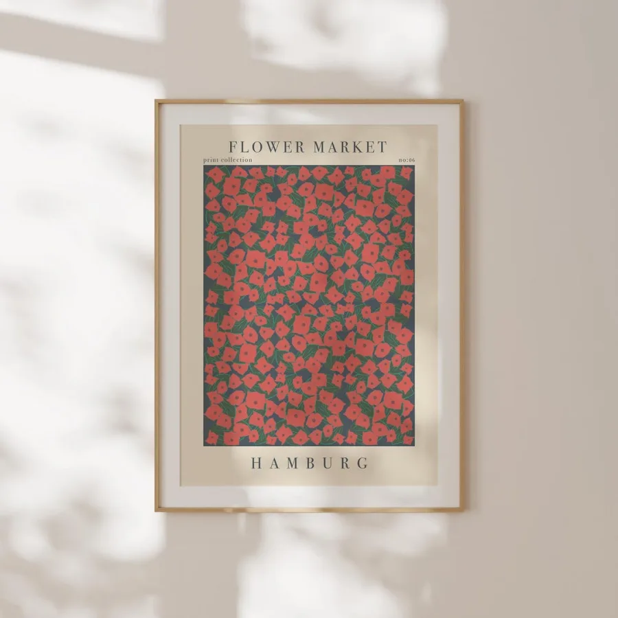 Hamburg Flower Market Print: Massed red flowers on dark grey, framed