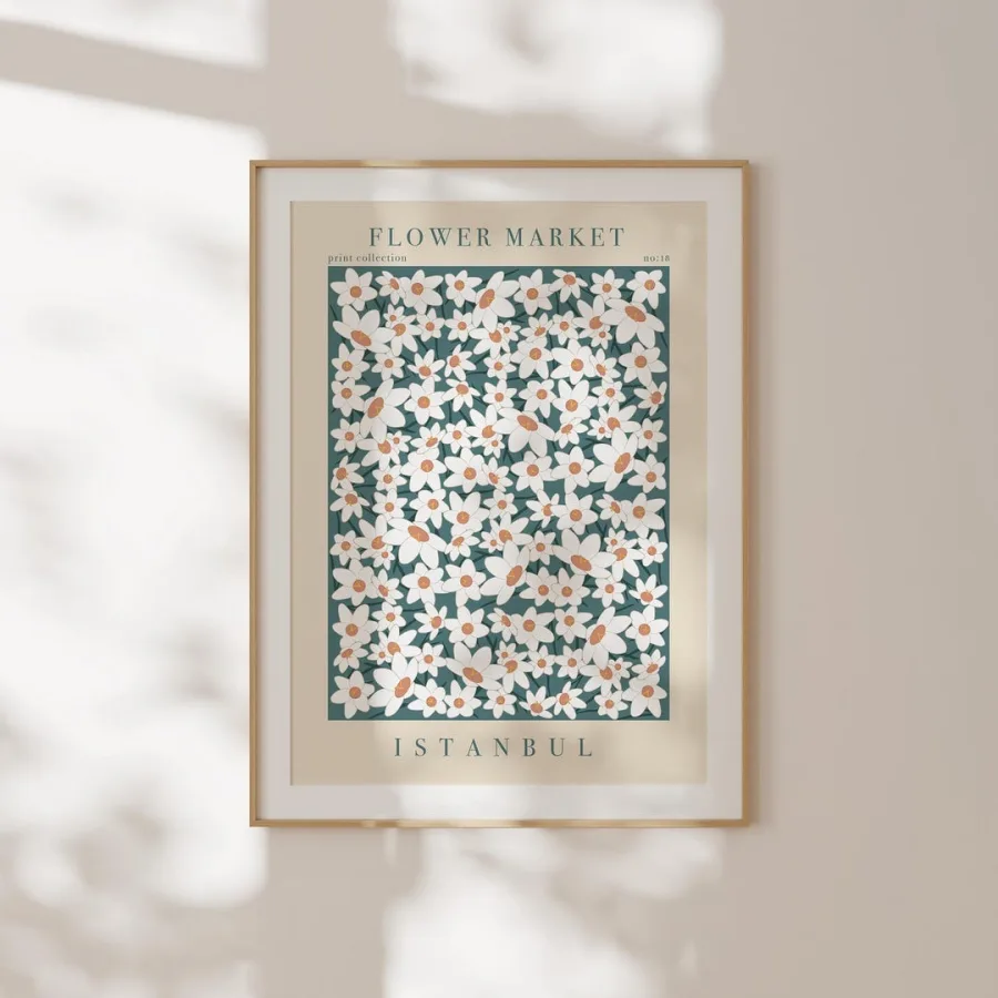 Istanbul Flower Market Print: White daisy-like flowers with orange accents on deep teal, framed
