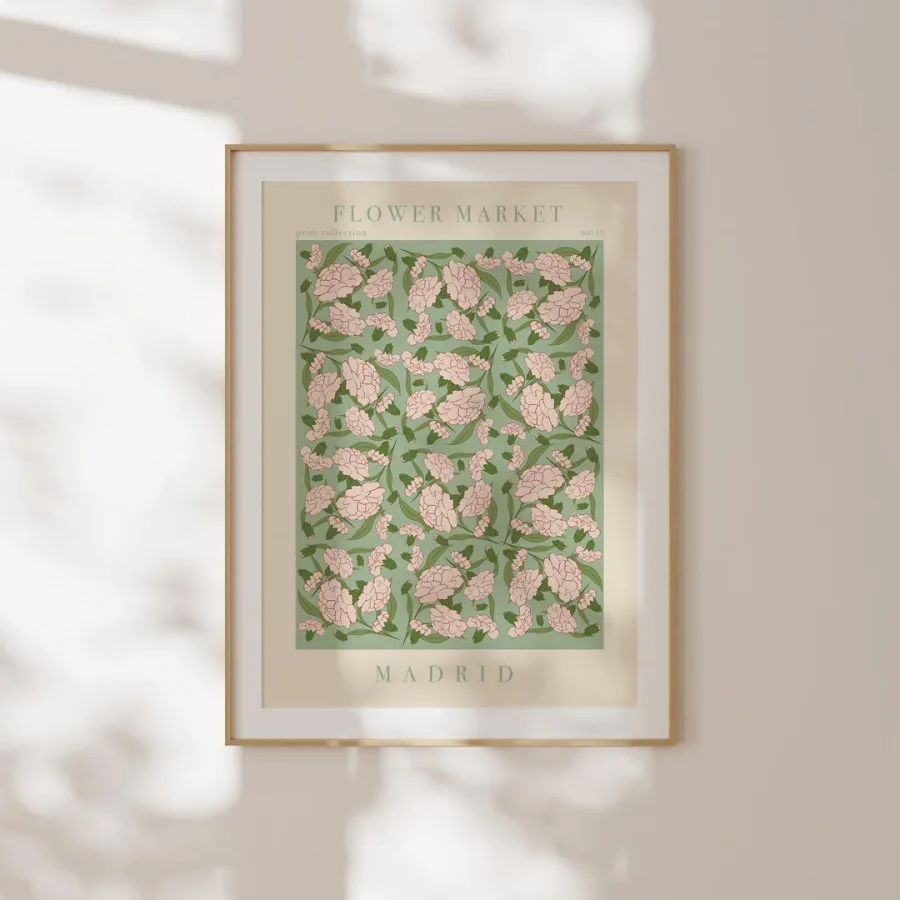 Madrid Flower Market Print: Pink peony-like blooms on pale green, framed