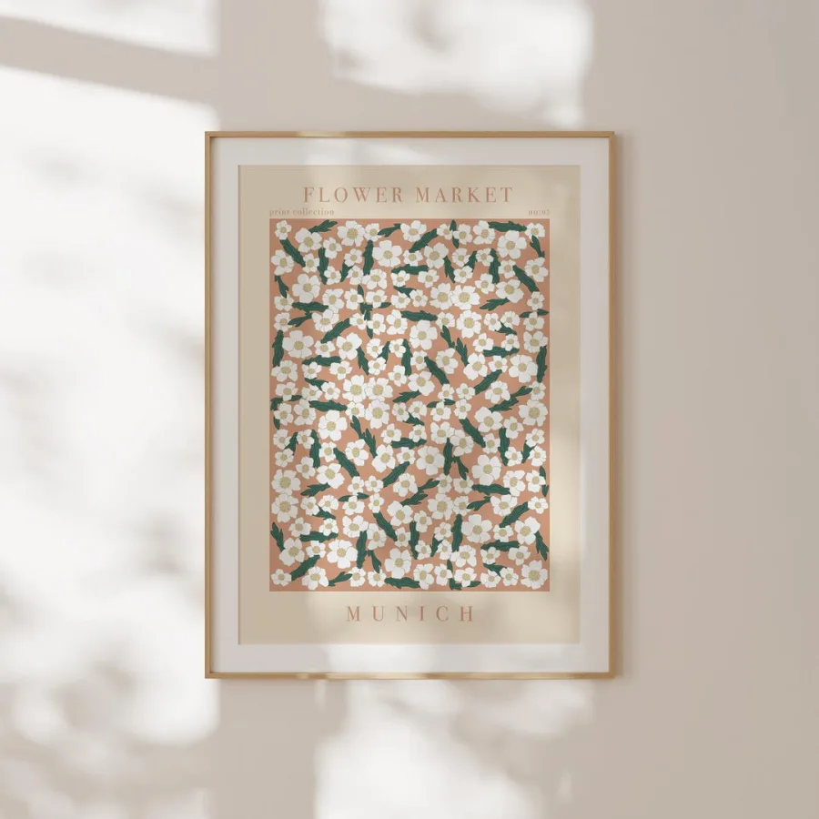 Munich Flower Market Print: White blossoms with dark leaves on terracotta, framed