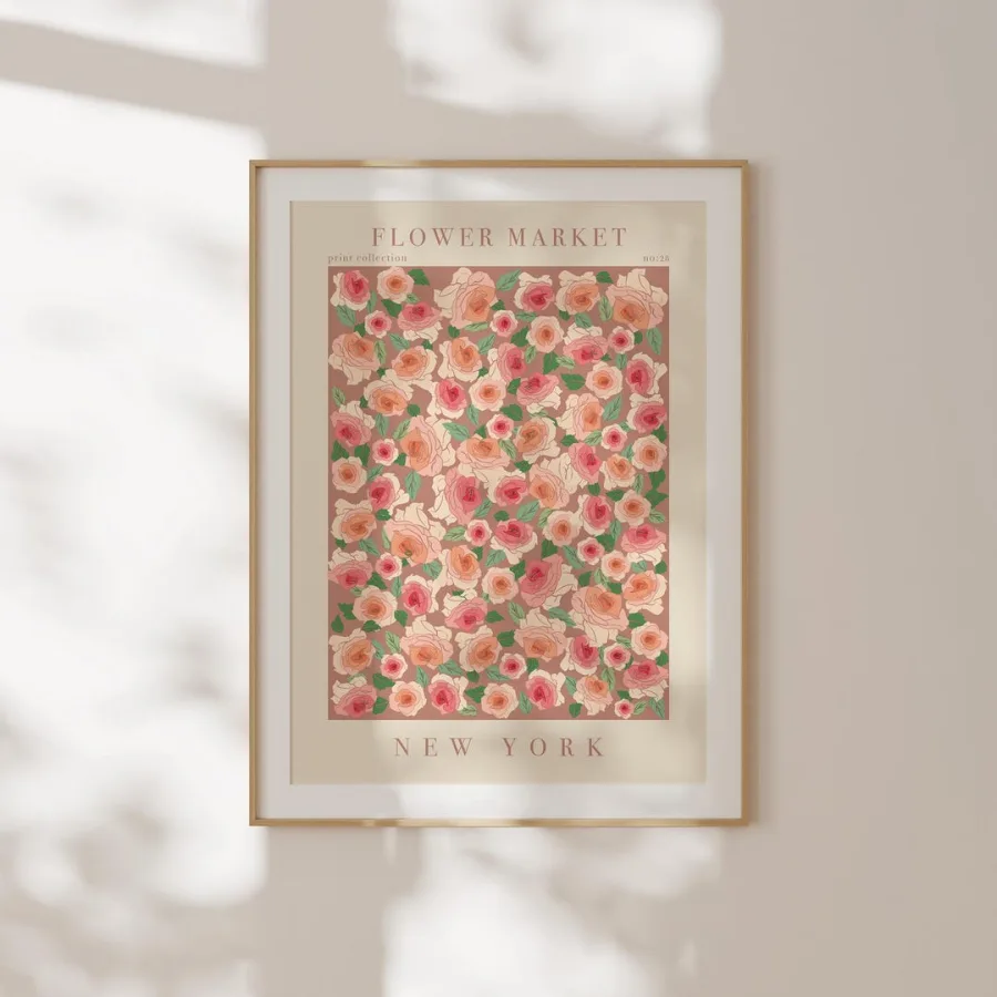New York Flower Market Print: Pink and coral roses on blush, framed