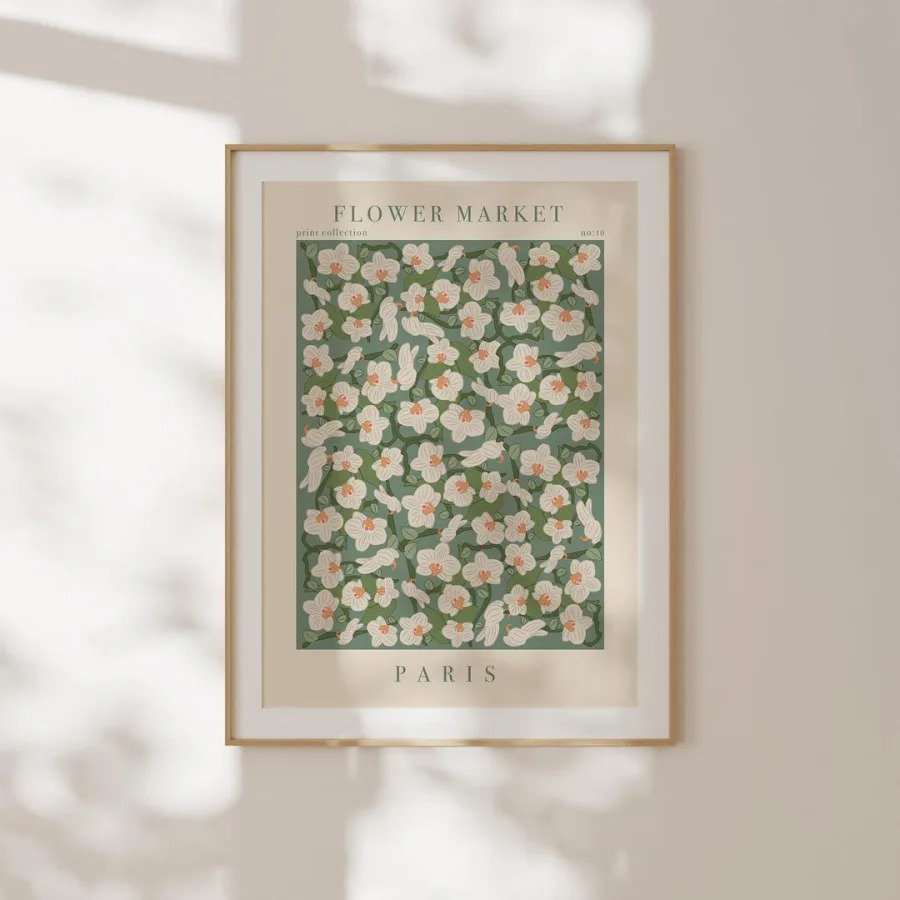 Paris Flower Market Print: Cream blossoms scattered over a sage-green ground, framed