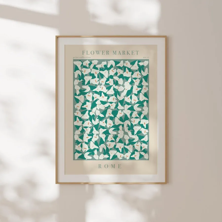 Rome Flower Market Print: White lily-like flowers and leaves on rich teal, framed