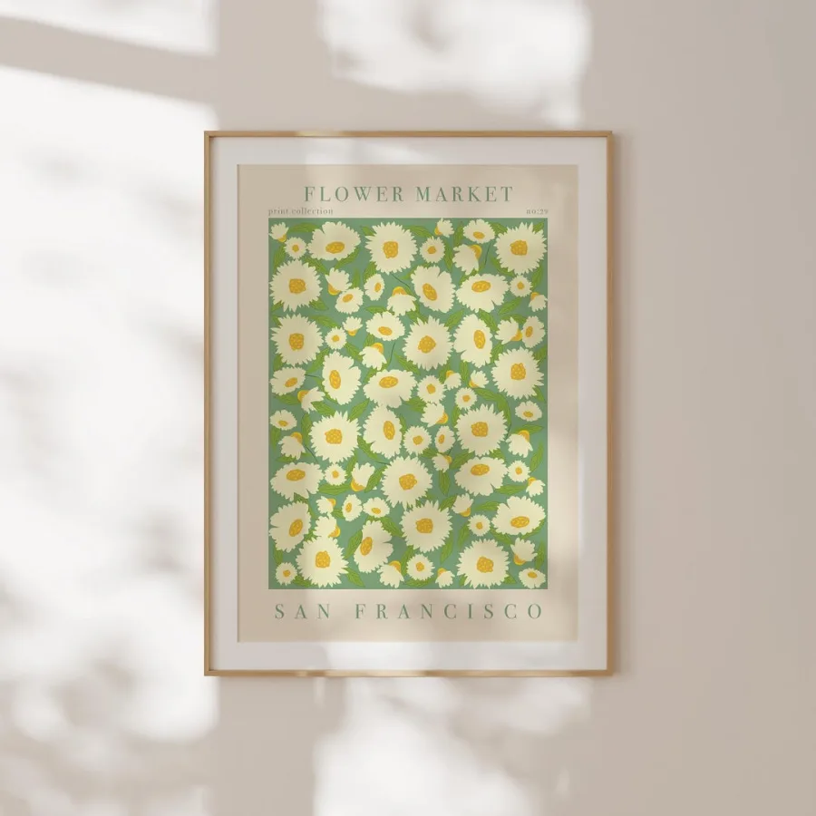 San Francisco Flower Market Print: Cream daisies on fresh green, framed