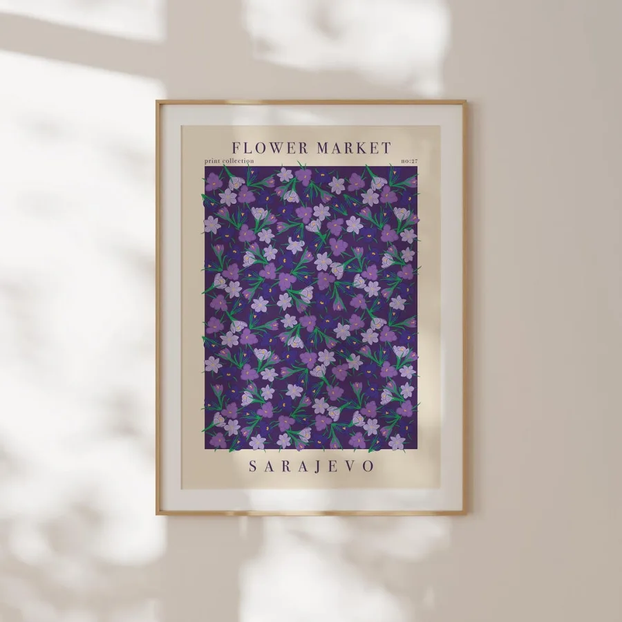 Sarajevo Flower Market Print: Violet flowers on deep purple, framed