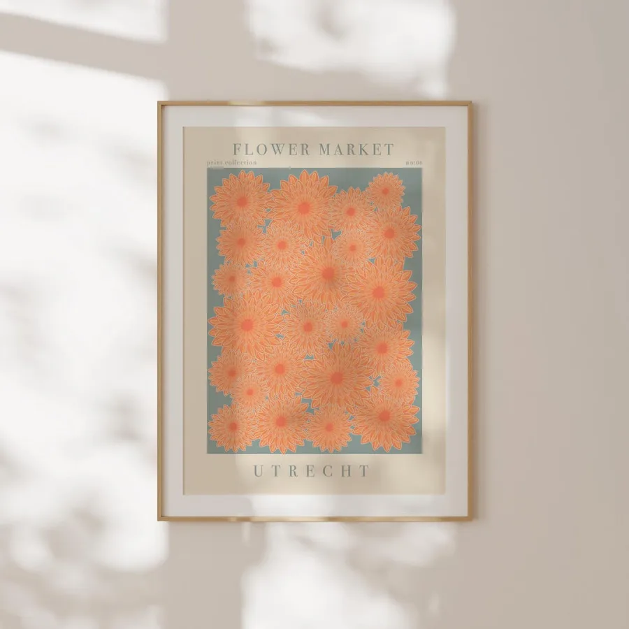 Utrecht Flower Market Print: Large peach-orange blooms on soft grey-blue, framed